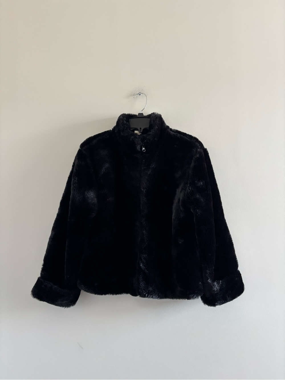 GAP Girls Faux Fur Coat Black Mock Collar Soft Jacket Youth XXL Plush Cozy Warm